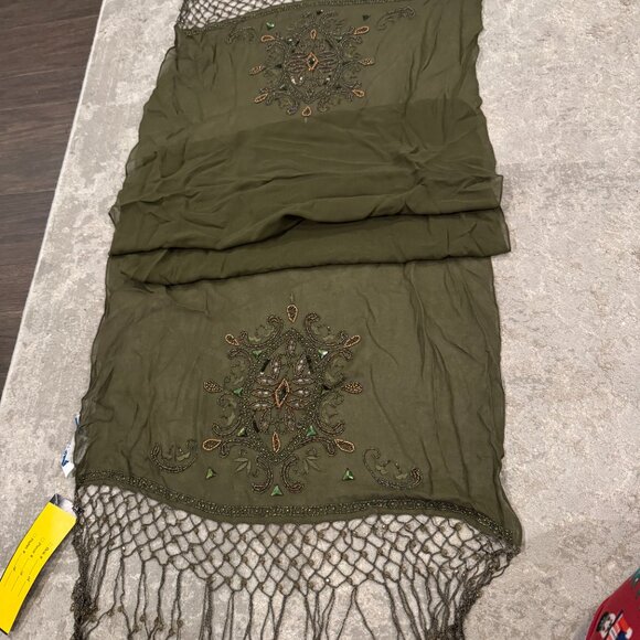 Sue Wong 100% Silk Scarf Shawl Large Army Green Brown Sheer Lace Hand Beaded #1 - Picture 6 of 16